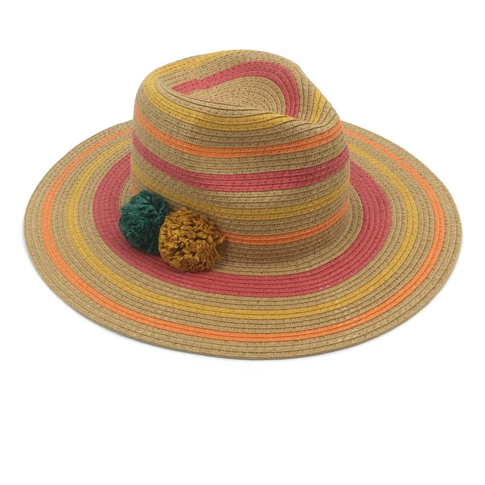 Sun Hat Pom Pom Striped Pink Yellow